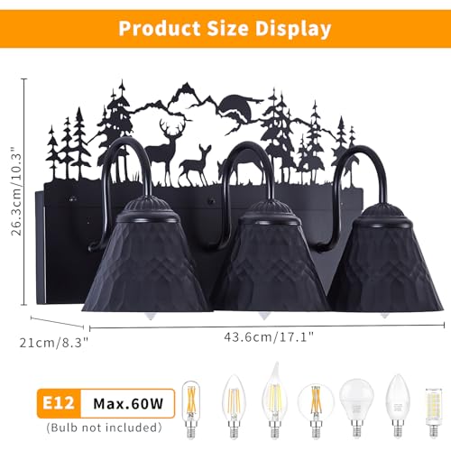 Image of Rustic 3-Light Black Vanity Light Fixtures with Deer Design, E12 Base Farmhouse Bathroom Lighting for Mirror, Cabinet, or Dressing Table (Small, Bulb Not Included)