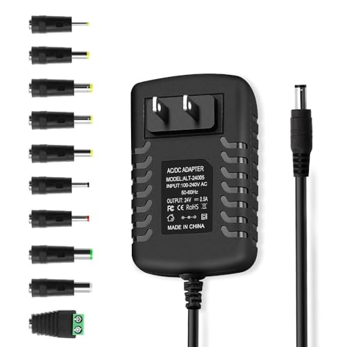 24V 0.5A 500mA DC Power Supply Adapter 24V AC Adapter 100-240V 50-60Hz to 24 Volt 0.5 Amp Power Supply Cord 4.9ft with 5.5mm x 2.5mm Barrel & 10 Tips