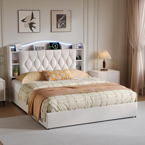 BSCFHCZ Cama de Matrimonio 160x190 cm con Luces LED y Carga, Canapé con Almacenaje Hidráulico y Arcón, Estructura de Cama de Terciopelo Beige con Cabecero Funcional y Somier de Láminas (Sin Colchón)