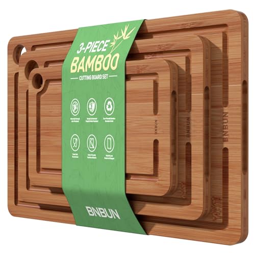 Bamboo Cutting Board for Kitchen, Wood Cutting Board 3 Piece Set with Non-Slip Mat Deep Juice Groove and Built-In Handles, Wooden Cutting Boards for Meat Vegetables Fruit for the Home
