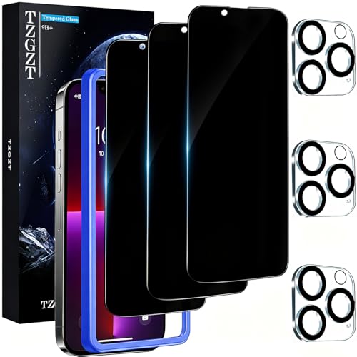 TZGZT 3 Pack Privacy Screen Protectors for iPhone 13 Pro Max 9H Tempered Glass Military Grade Shatterproof HD Clear Bubble Free Easy Installation Case Friendly Camera Lens Protectors Included