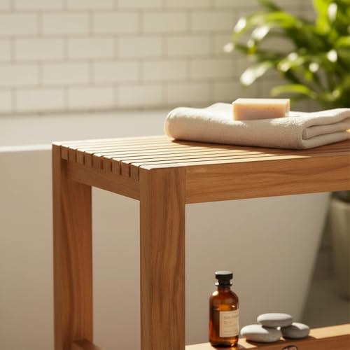 Image of Wooden Shower Bench, Natural Teak, Slatted Top Design, Bathroom Stool with Storage Shelf