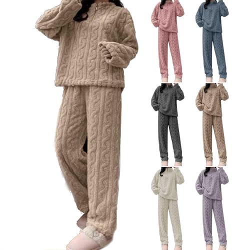 Traje de ocio cálido de forro polar para mujer, conjunto de ropa de dormir de franela de forro polar, ropa de estar por casa de franela, pijama térmico para mujer, conjunto de pijama (XL,Khaki)