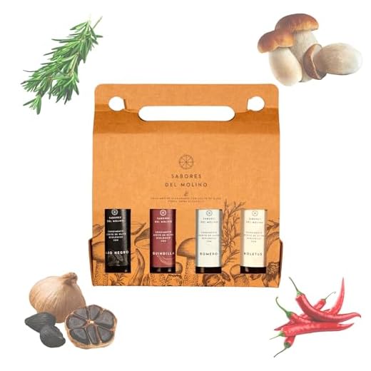 Estuche Sabores del Molino de Aceite de Oliva Virgen Extra Ecológico - Pack de Aceite de Oliva Virgen Extra con Boletus, Ajo Negro, Guindilla y Romero, Regalo Gourmet, Aceite Artesanal y Sostenible