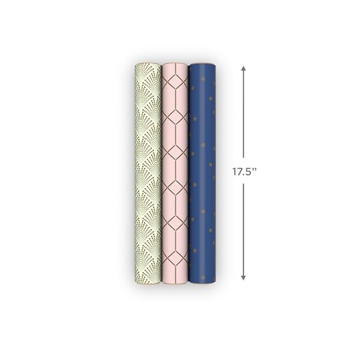 Hallmark Elegant Wrapping Paper Mini Rolls, 3-Pack (Art Deco Gold, Pink Geometric, Navy Blue) for Birthdays, Graduations, Weddings, Mother\'s Day, Father\'s Day, Any Occasion - 60 Sq. Ft. Total