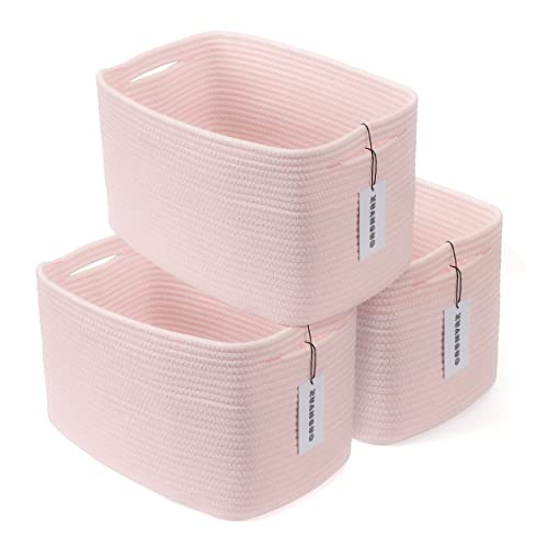 Cotton Rope storage Basket Bins Woven Basket for Organizing Shelves Rectangle Decorative Baskets For storage Clothes Toys Books Towels Square Wicker Nursery basket organizer 3 pack light pink