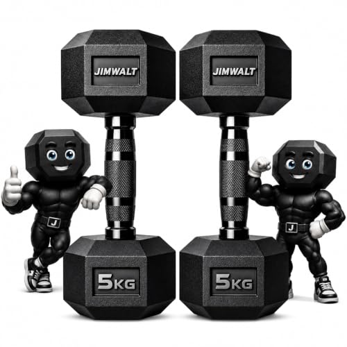 JIMWALT Rubber Dumbbell Set 5kg, Black Diamond Knurled Non-Slip Grip Handle Hex Dumbbells with Odorless Polyurethane Rubber (TPU) Commercial Grade, Durable Strength, for Home Workout, Fitness Training for Women and Men