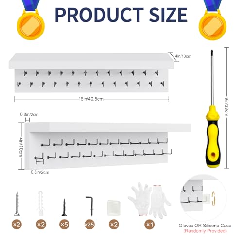 Image of Medal Holder Display Trophy Shelf Organizer, Sturdy Wooden Race Award Hanger Rack with 25 Steel Hooks, Wall Mount Storage Stand for Sports Fans, Cheer Success
