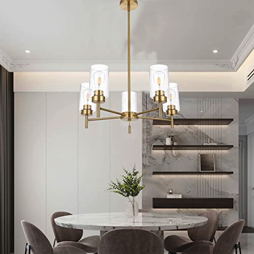 A1A9 5-Light Farmhouse Chandelier For Dining Room Kitchen Island, Modern Chandeliers Brushed Brass Pendant Lighting Fixtures With Clear Glass Shades For Living Room, Bedroom, Foyer (Gold) #TOP4
