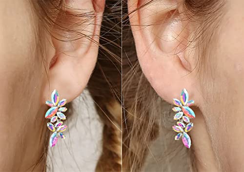 RGY Iridescent Rhinestone Earrings for Prom, Sparkling Bridal Cluster Drop Dangle Stud Earrings, AB Crystal Pageant3