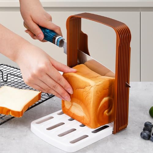 Trancheuse manuelle pliable et réglable à main, trancheuse à pain 2025, machine à pain multifonctionnelle, guide de tranchage de pain en plastique pour pain, rôti, sandwich (marron)