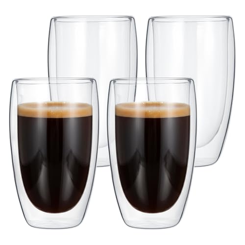 QFGasre 4 Pcs Double Wall Glass Coffee Mugs, Clear Insulated