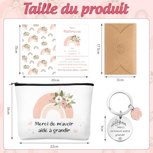 Xuniea 4 Pièces Cadeau de Remerciement pour Maîtresse Professeur Compris Trousse de Maquillage Porte-Clés Carte Arc-en-Ciel avec Enveloppe pour Fin d'Année École Maternelle Anniversaire Baby-Sitter
