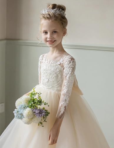 JISISANG Lace Tulle Wedding Flower Girl Dress Long Sleeve Princess First Communion Dresses Pageant Tutu Dress with Bow Knot2