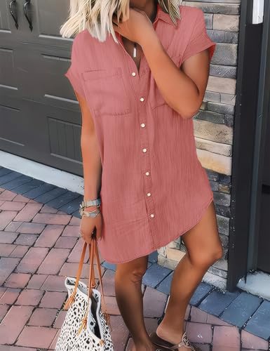 Image of Zilcremo Women Summer Short Sleeve Button Down Denim Shirt Dress