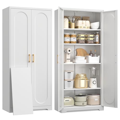 Sideboard Buffet Cabinet, 33" H Sideboard Buffet Storage Cabinet with Doors and Shelves, Coffee Bar, Metal Side Board Cabinets for Living Room, Assembly Required, White White 33"H Square J