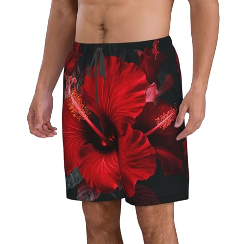 Red Hibiscus Flowers Men's Swim Trunks Quick Dry Board Shorts with Pockets Drawstring Beach Shorts Bathing Suit2