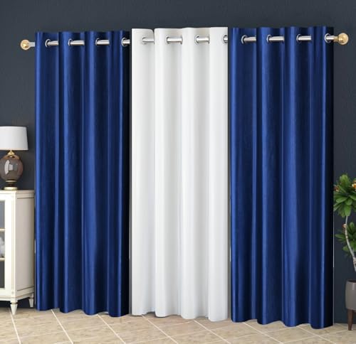 Image of Eyelet Polyester Modern Solid Crush Set of 3 Pcs. Door Curtains (9 Feet, 2 Navy Blue + 1 White)