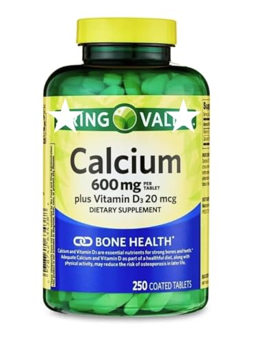 Calcium Plus Vitamin D Tablets Dietary Supplement by Spring - Valley Bone Health VIT D3 20 mcg 600 mg 250 Count.