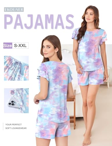 Image of Ekouaer Womens Pajama Sets 2 Piece Ruffle Sleeves Top and Shorts Pjs