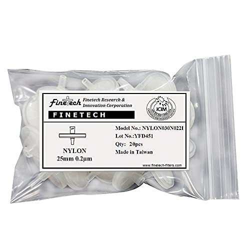 Image of Nylon Syringe Filters 25mm Diameter 0.22μm Pore Size for Laboratory Filtration by Finetech (Pack of 20) Made in Taiwan (20, Nylon 25mm 0.22um)