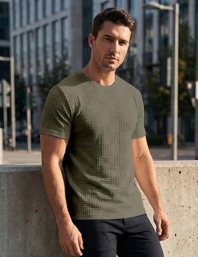 Image of JMIERR Mens T-Shirt Casual Stretch Solid Crewneck Short Sleeve Tees Textured Shirts