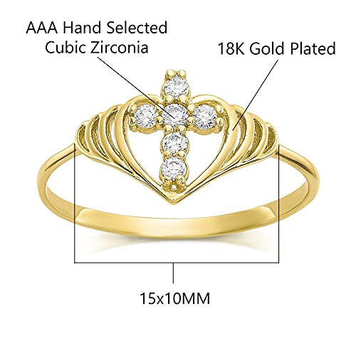 Savlano 18K Yellow Gold Plated Round Cut Cubic Zirconia Vertical Cross In Heart Band Ring Women's Girl's Religious Ring (9) #TOP2