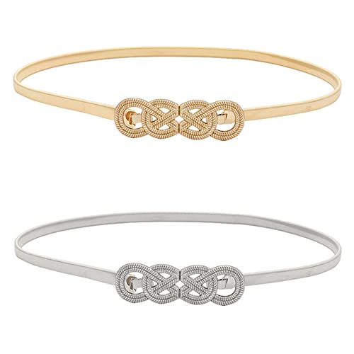 2 Pcs Damen Dünner Gürtel Metall Kettengürtel Kleid Taillen Schmaler Gürtel Elastische Taillengürtel Dünne Metallschnalle Gürtel Verstellbarer Elastischer Hüftgurt Frauen Gold Silber (B) Cover