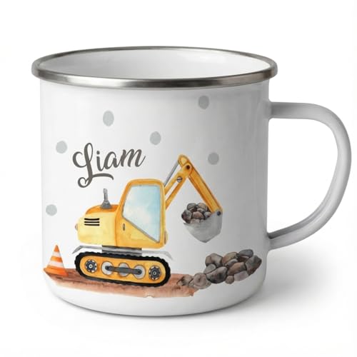 miKalino Emaille Tasse Jungs - Trinkbecher Kinder personalisiert - Emaille Becher mit Bagger-Motiv - Kindertasse mit Namen - Kindertasse bedruckt - Emaillebecher Weiß