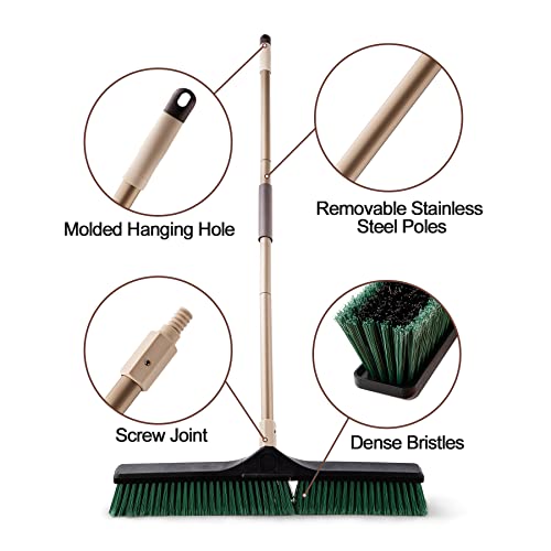 Eyliden 24" Heavy Duty Garden Broom, Large Stiff Outdoor Broom with 66" Enhanced Steel Long Handle, Multi-Surface Yard Brush for Garage Garden Yard Patio Deck (Green, 24inch)