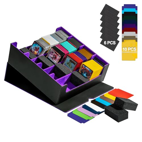 3200+ Trading Card Storage Box, 6 Rows Card Deck Case for Trading Cards with 10 Pcs Card Dividers PU Leather Commander Card Deck Case for Magic Commander YugiOh TCG TGG Sport Cards (Black Purple)