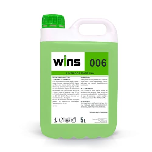 WINS – Fregasuelos Neutro Manzana 006 | Friegasuelos Limpiador para Suelos y Superficies con Aroma a Manzana Duradero | Garrafa 5 L | pH Neutro | 100% Made in Spain