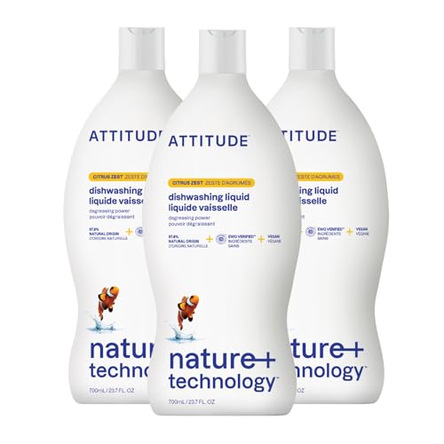 Image of ATTITUDE Dish Soap, EWG Verified, Plant-Based & Vegan Dishwashing Liquid, Naturally Derived, Citrus Zest, 23.7 Fl Oz (Pack of 3)