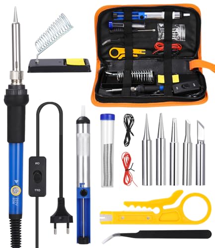 Yuxava Soldador de estaño, Kit Soldador Estaño 60W, 16 en 1 Soldador, Soldador Electrico Temperatura Ajustable 200℃-450℃, con 5pcs Puntas, Bomba Desoldadora, Estación de Soldadura,pinzas
