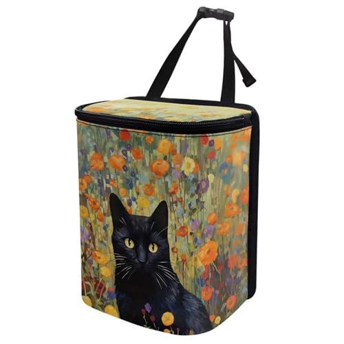 Image of Talayituse Cat Flower Print Car Trash Can with Lid, Leak Proof Auto Trash Bag Hanging Vehicle Garbage Can Multipurpose Storage Container for Back Seat Road Trip