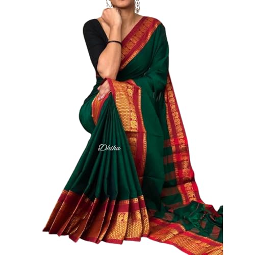 Image of Narayanpet Pure Cotton Avani Border Saree for Women with Running Blouse | Tassels | Traditional Woven Solid Design | Handloom Weave