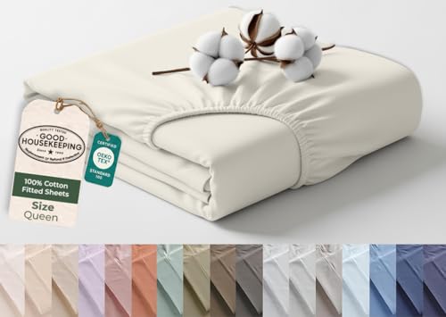 Image of Royale Linens 100% Organic Cotton Queen Fitted Sheet Only - Percale Weave - Super Soft Deep Pocket Bottom Sheets - Sand Elastic Sheet - Queen Size Fitted Sheets Only - (60 inchx80 inch+15 inch, Sand)