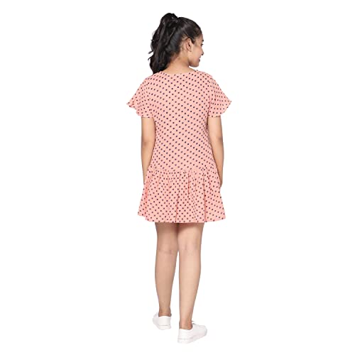 Image of TeenTrums Cotton Mini Dress for Girls, Polka Dot Print Midi Casual Dress, Short One Piece A-Line Midi Dresses for Girls, Short Sleeve Girls Dress Pink