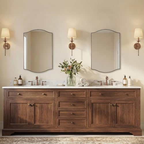 Image of ANDY STAR 20 inchx30 inch Bronze Bathroom Mirror, Rectangle Scalloped Wall Mirror in Stainless Steel Metal Frame, Modern Brushed Bronze Finish with Curved Edge Design, Wall-Mount Mirror for Bathroom, Entryway