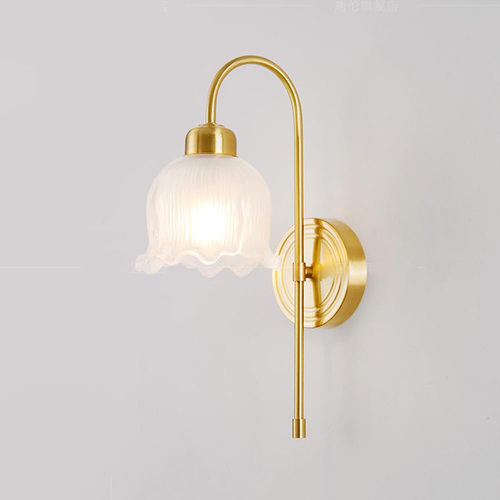 SXECAEPS Wall Sconces with Gooseneck and Glass Shade Brass Flower Gold Floral Mid Century Lamp for Bedroom Living Room Farmhouse Bathroom