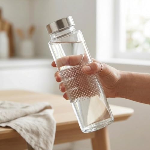 Image of Premium Glass Water Bottle with Stainless Steel Leakproof Lid | Textured Grip Clear Drinking Bottle | BPA Free Reusable Wide Mouth Bottle for Office, Gym, Home, School & Travel