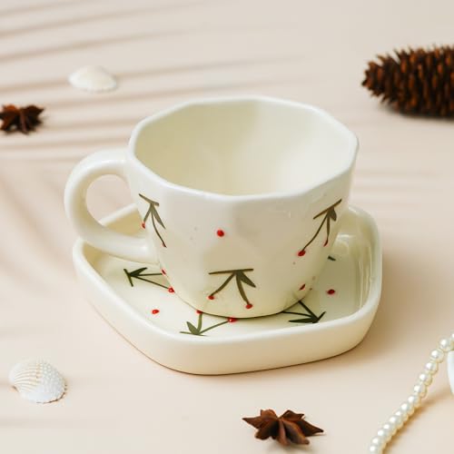 Image of Handcrafted Ceramic Tea Cup with Saucer | Floral Printed Coffee Mug with Plate | Premium Pottery Cup Set for Tea & Hot Beverages | Ideal Gift for Tea Lovers & Home Use