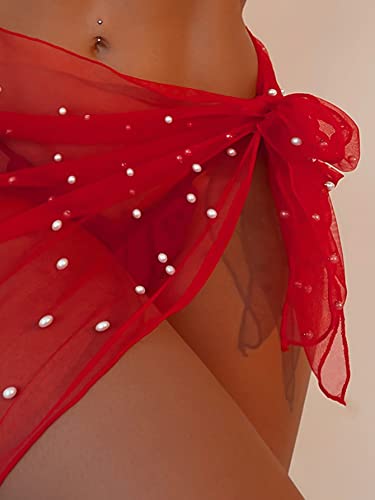 Image of GORGLITTER Women's Cover Up Sarong Wrap Skirt Bachelorette Outfits for Bride Sheer Mesh Bridal Swimsuit Pearl Bathing Suit