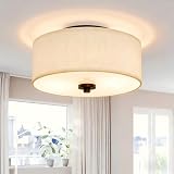Lodstob 2-Light Flush Mount Ceiling Light Fixture, 12” Modern Close to Ceiling Light with Beige Fabric Drum Shade, Round Pendant Light for Bedroom Hallway Bathroom Dining Kitchen, Bulbs NOT Included