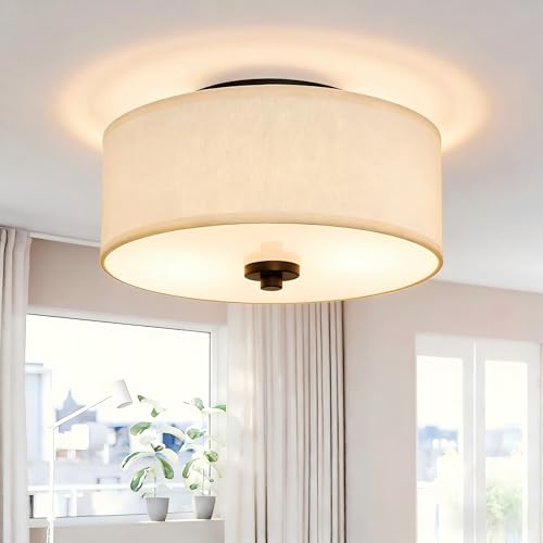 Lodstob 2-Light Flush Mount Ceiling Light Fixture, 12” Modern Close to Ceiling Light with Beige Fabric Drum Shade, Round Pendant Light for Bedroom Hallway Bathroom Dining Kitchen, Bulbs NOT Included