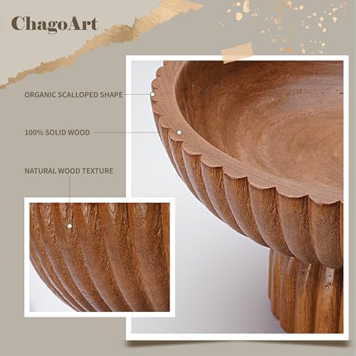 ChagoArt Wooden Fruit Bowl for Kitchen Counter- Large Decorative Bowl for Home Decor Entry Table-Ruffle Fluted Bowl-Scallopedl-Organic Modern Home Decor-Pedestal Footed (Wood Brown) - Image 6