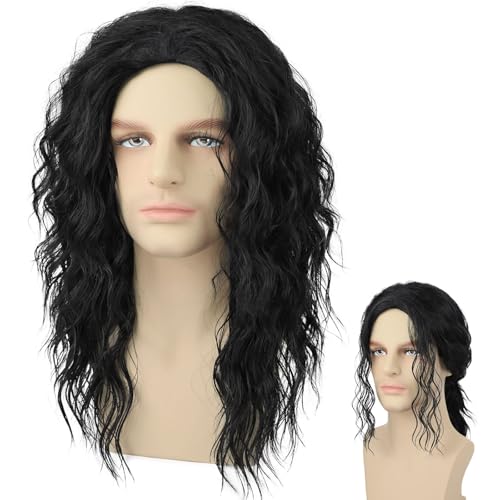 Guree Hair Long Black Curly Wig for Men Women 70s 80s Rock Retro Middle Part Wig for Cosplay Costume Halloween Party Daily Use