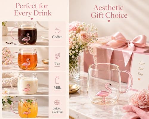 Image of 3D Coffee Mug Crystal Glass Cup with Pink Flamingo Design Plant Inner Wish Cup as A Gift-Party Office Morning Mugs for Milk Chocolate Cappuccino, Suitable for Home Office Decoration (1- pcs)