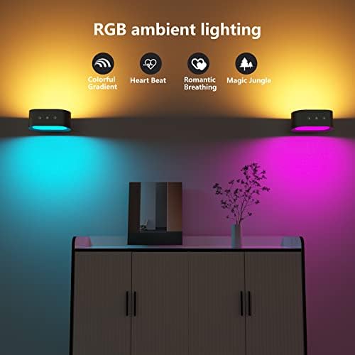 Wall Lights Indoor, Wall Lamp with Remote Control 7 RGB Ambiance Light with Battery Touch Control 15 Lighting Modes 4 Dimming Levels, 1-Hour Timer Function 360° Rotatable Up and Down Light