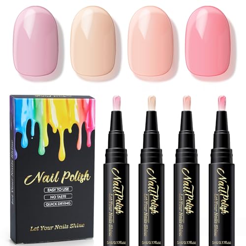 Nail Polish Pen Set 4 Colors | Lavender Nude Beige Dusty Rose Pink | Quick Dry Nail Art Pens | No UV Lamp Needed | Water Based Nail Art Paint | Easy Control Brush Tip for Women DIY Manicure | 5ML Each